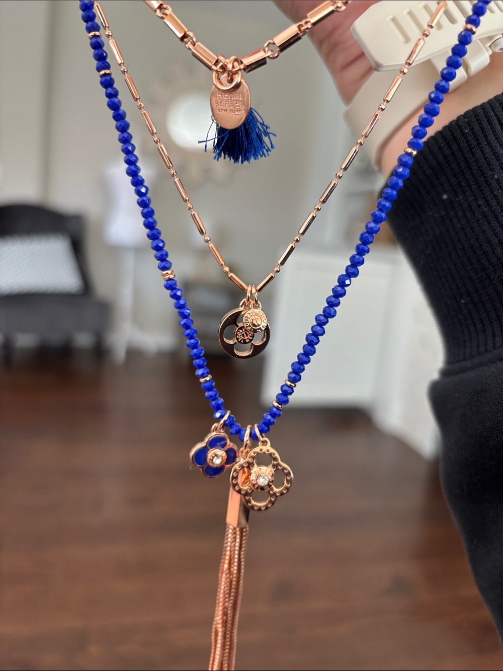Henri Bendel Layered Blue Bead Tassel Necklace - Rose Gold Accents